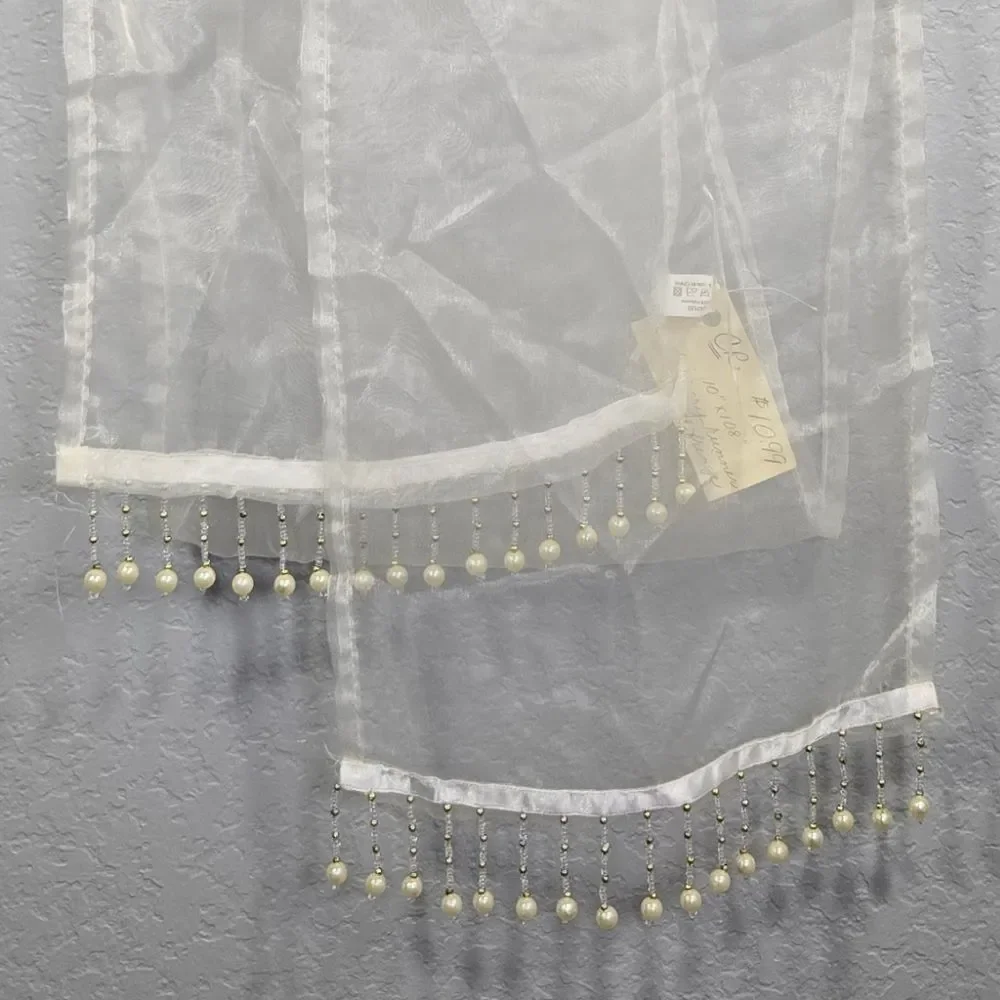 Vintage Ivory Table Runner Beaded Pearl Fringe Sheer 10